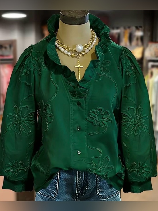 Tops - Cherrybetty Green 100% Cotton Embroidered Floral Ruffle Blouse Size Large